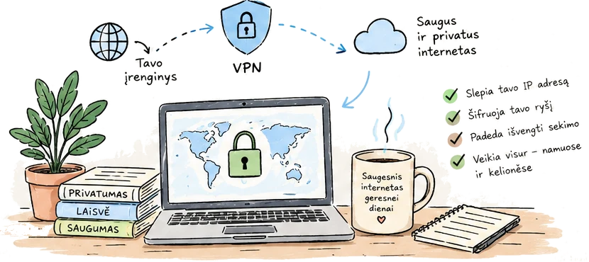 Piešinys: tavo įrenginys prisijungia prie saugaus ir privataus interneto per VPN